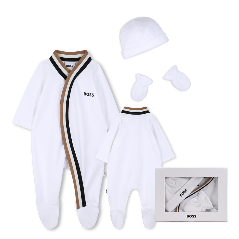 PIJAMA + BODYSUIT + GORRO + CONJUNTO DE LUVAS BOSS 
                        BOY