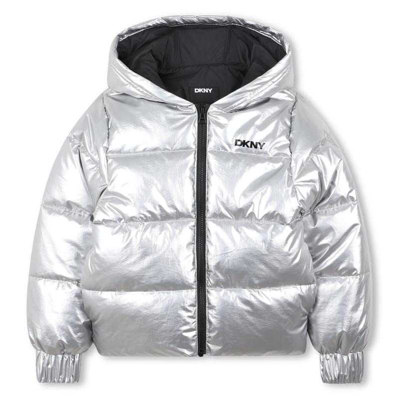 Jaqueta puffer com capuz prateado DKNY 
                    GIRL